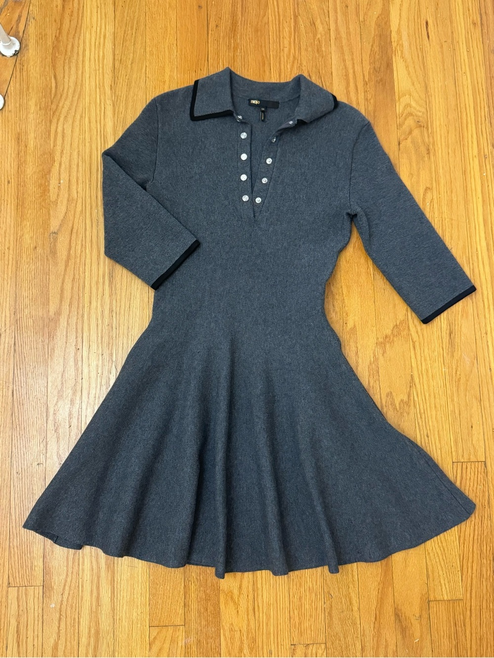 Maje Charcoal Gray Knit Polo Fit-and-Flare Dress with Black Trim